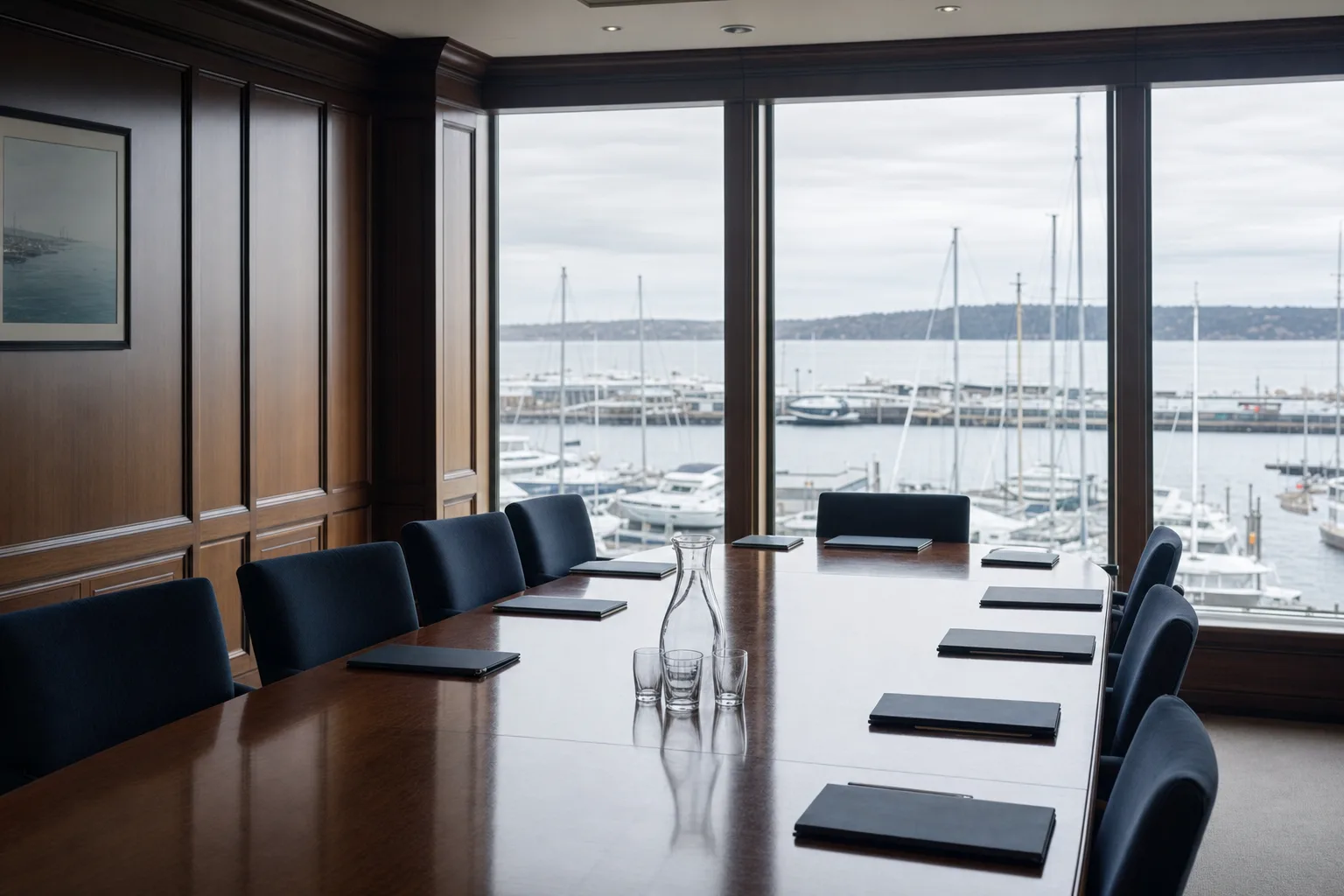 A quiet meeting room on an upper floor overlooking a marina