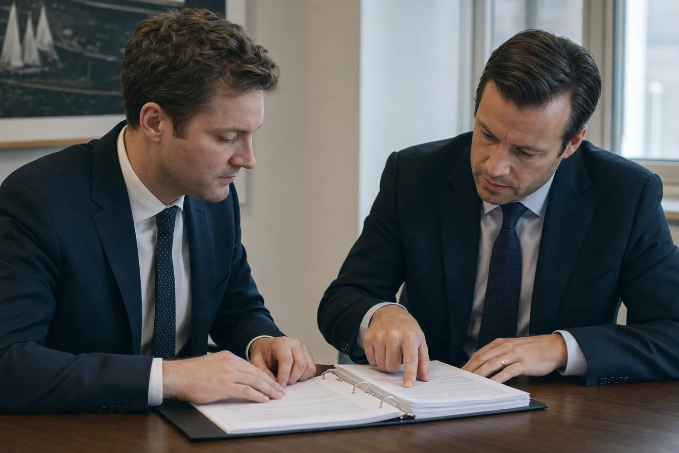 Two solicitors reviewing a contract across a table